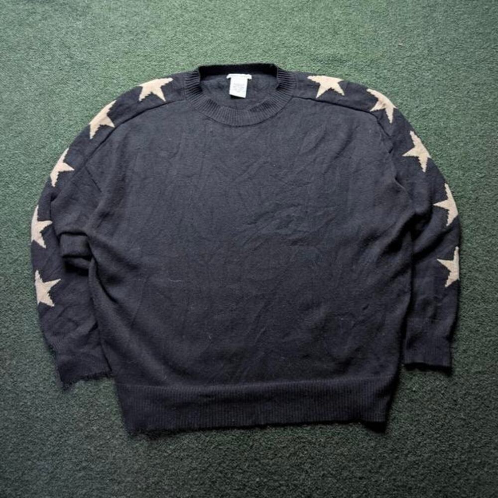 SWEET ROMEO Womens Star Sleeve Knit Crewneck Pullover Sweater Black White L